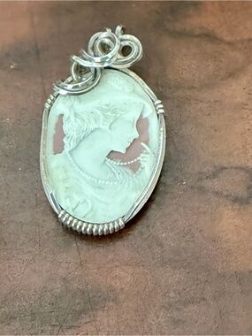 Sterling Silver wrapped Cameo Pendant  in White and Pink